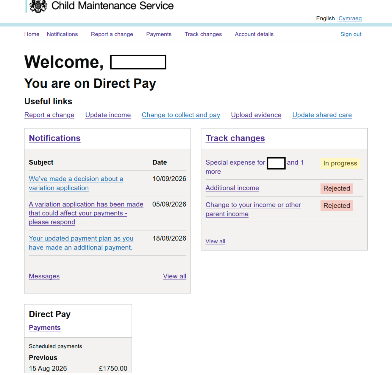 Screenshot of the author's Child Maintenance Service dashboard, showing notifications, tracked changes and scheduled Direct Pay payments