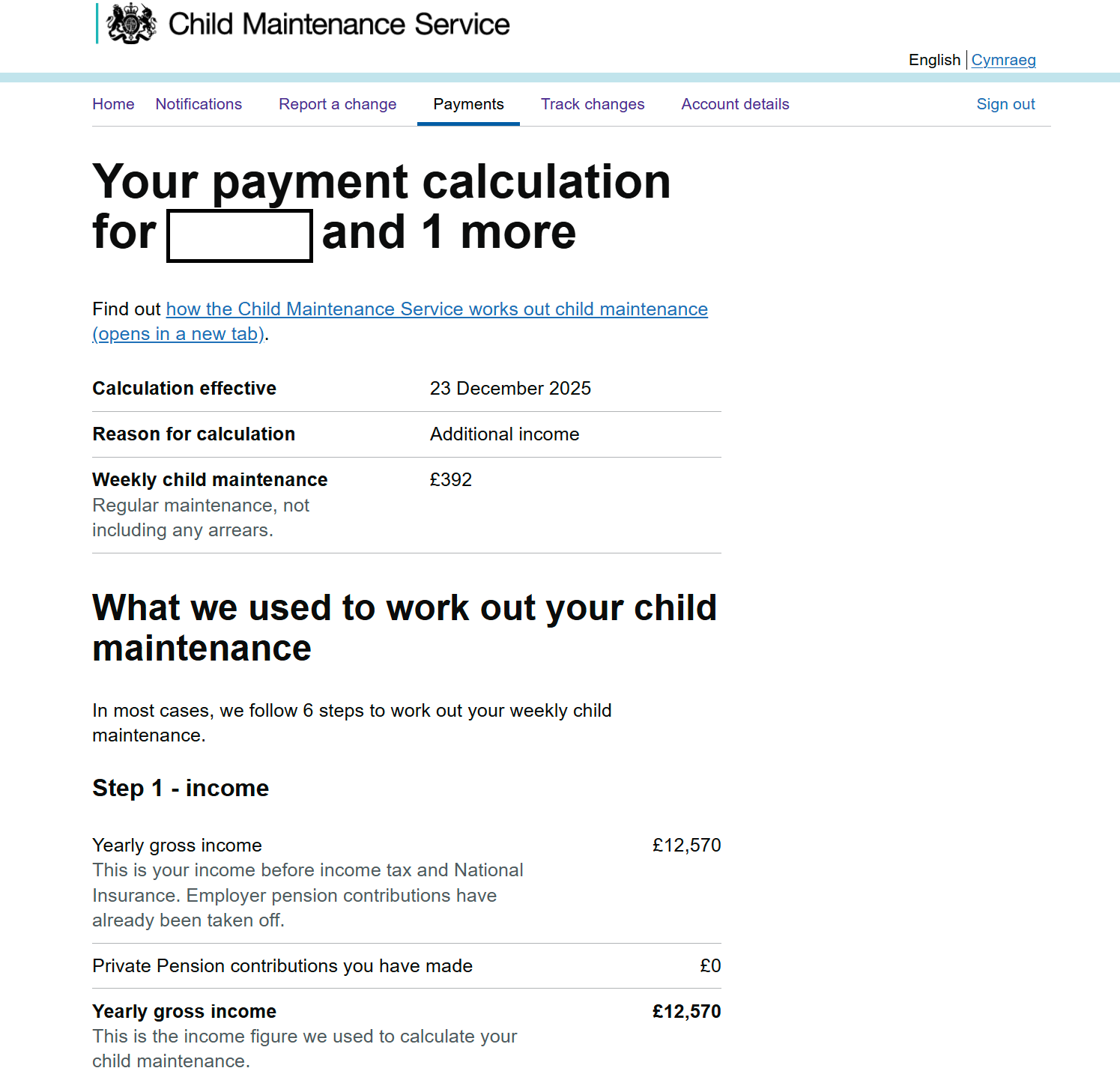 Screenshot of the CMS payment calculation showing £392 weekly maintenance and £12,570 yearly gross income, with a child's name covered