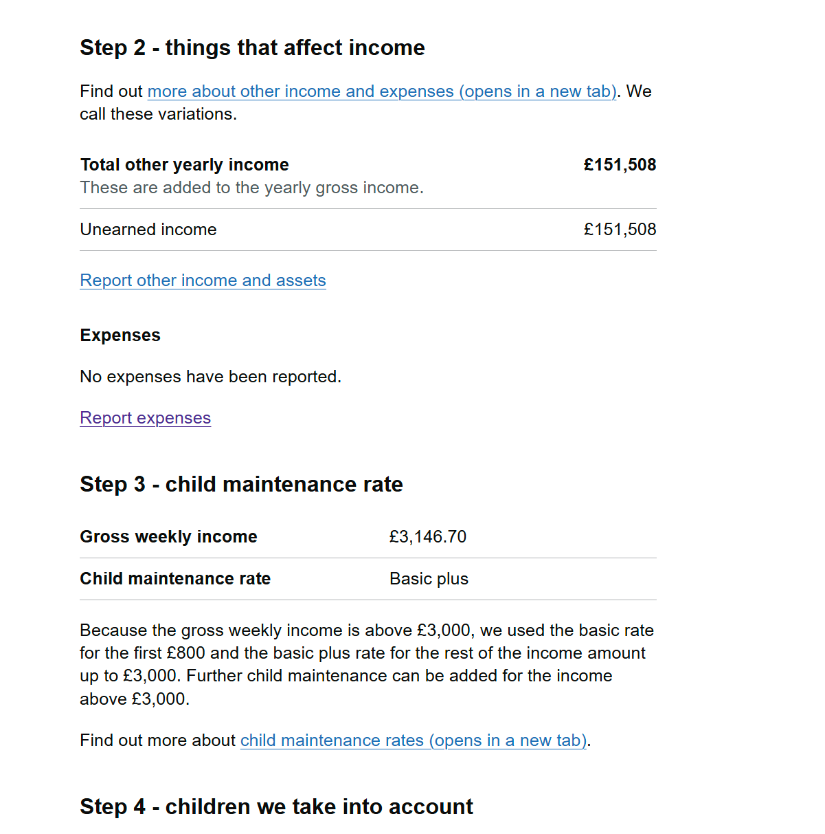 Screenshot of the CMS calculation showing £151,508 of unearned income and gross weekly income of £3,146.70
