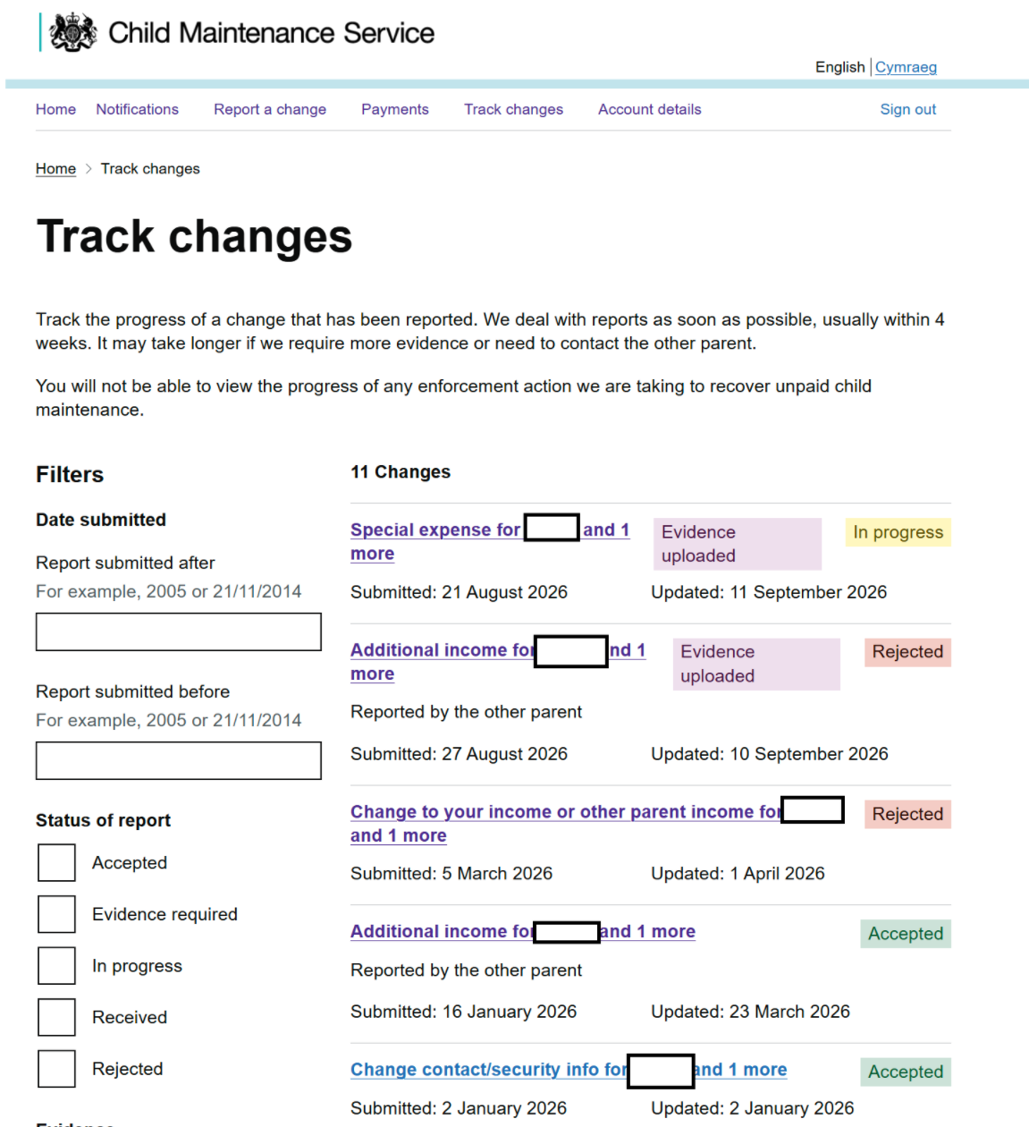 Screenshot of the CMS Track changes page listing the author's requests alongside reports made by the other parent