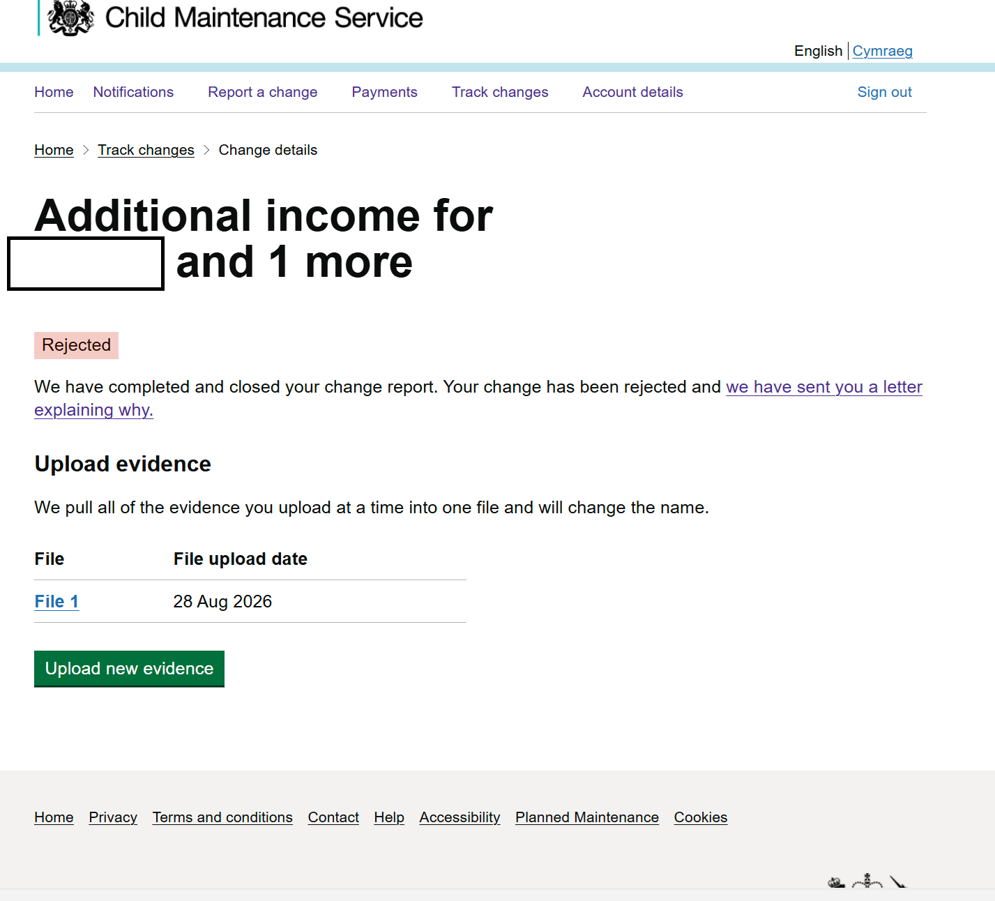 Screenshot of a rejected additional-income report with an evidence upload dated 28 August 2026